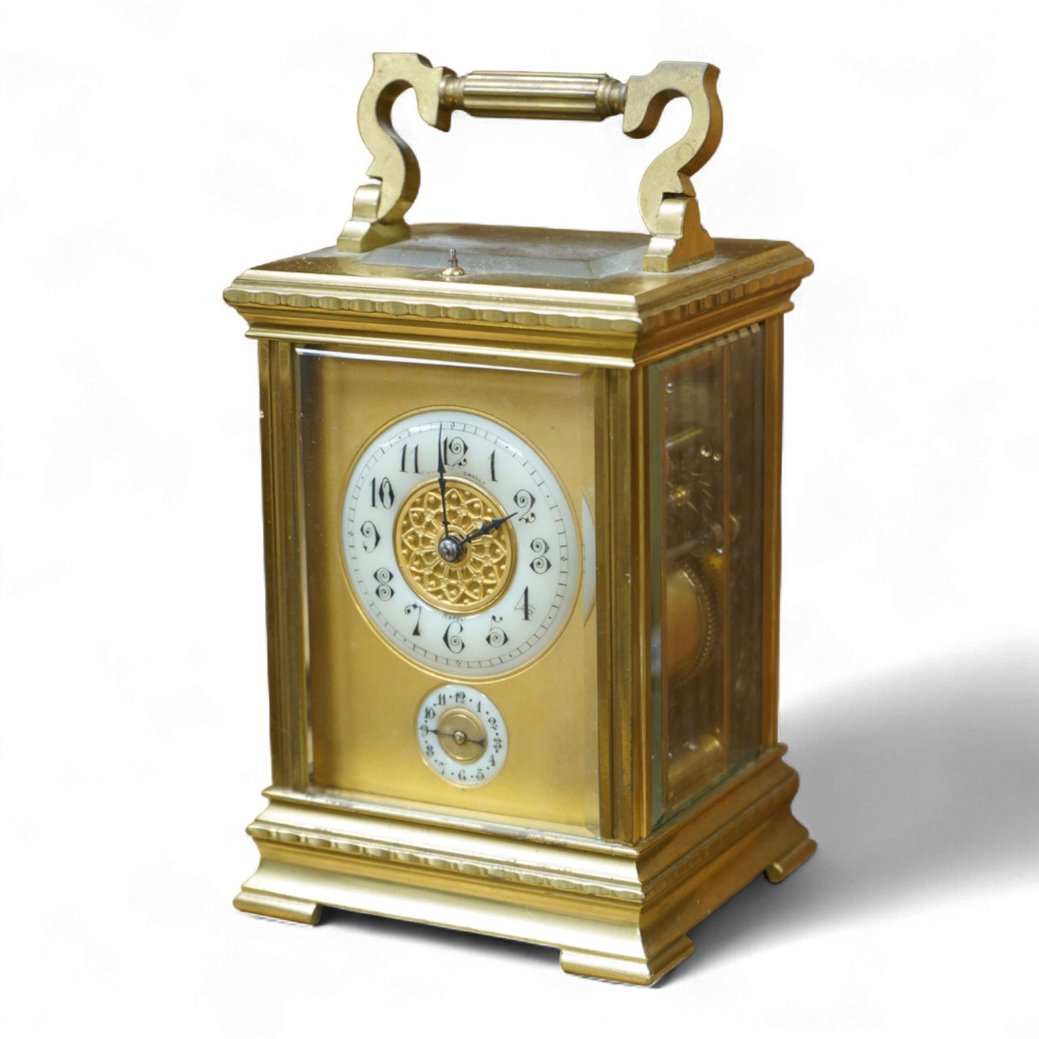 An early 20th century French brass cased carriage clock for the Italian market, with repeat, button missing, no key, 19cm high